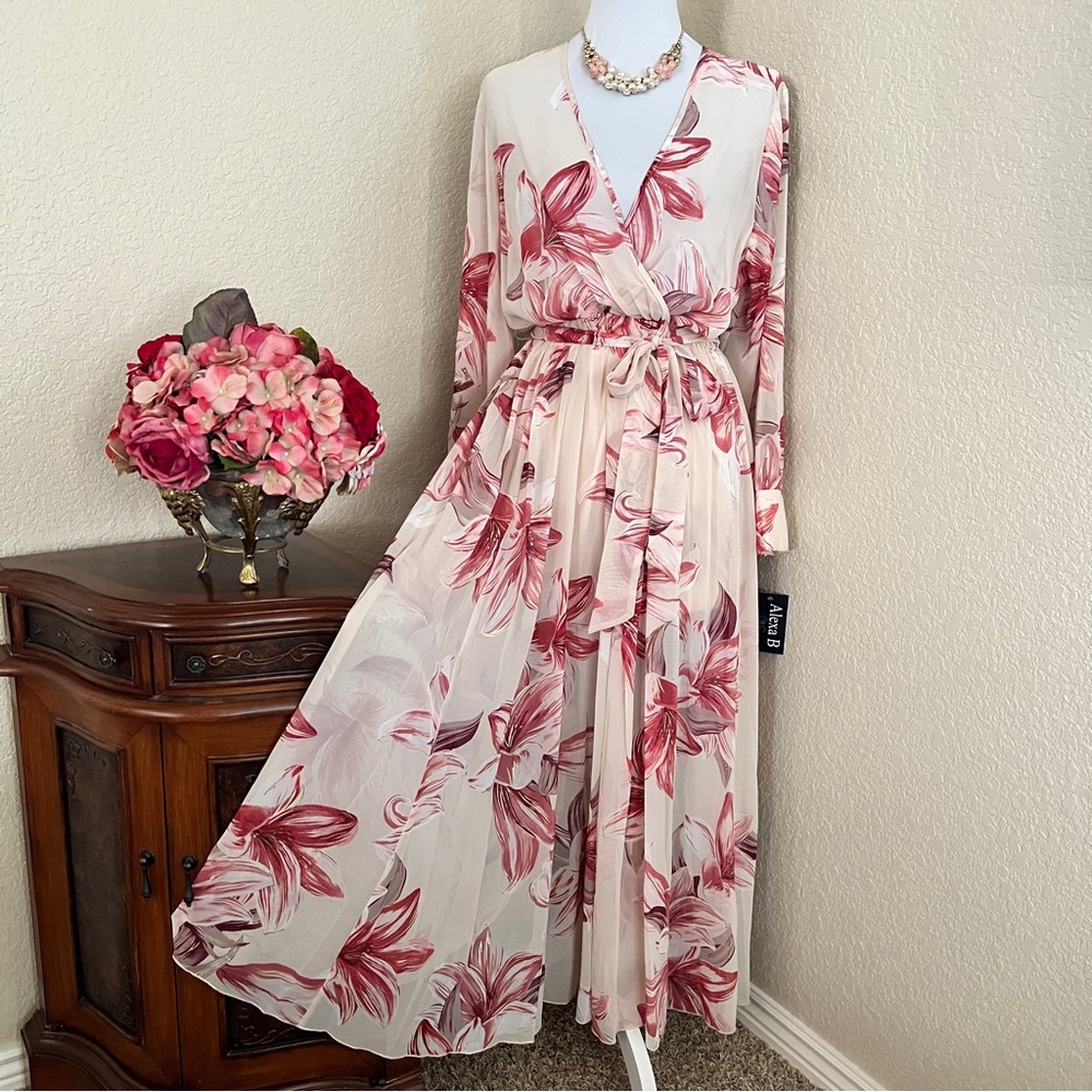 Alexa B Nites Floral Chiffon Maxi Wrap Dress